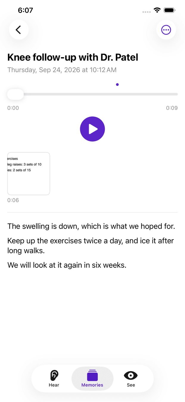 A memory titled Knee follow-up with Dr. Patel: a photo of an exercise note pinned at six seconds, and the transcript below it.